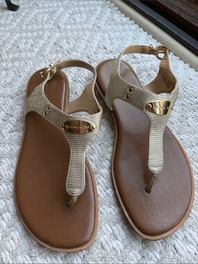 Michael Kors Gold and Brown T-Strap Sandals